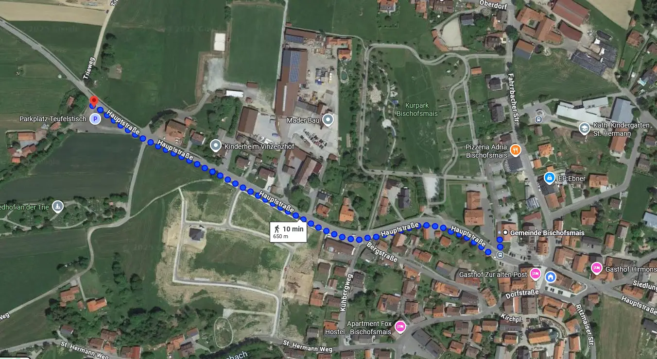 Fußweg-Route (Rathaus → Parkplatz Teufelstisch)